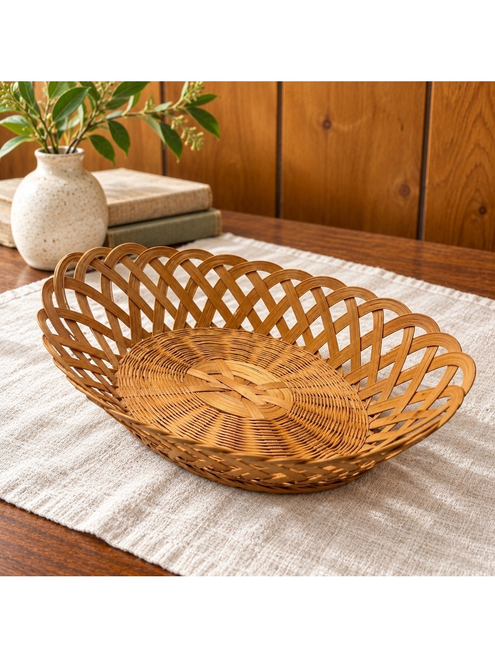 Oval Woven Basket Scalloped Open Lattice Natural Boho Decor 6x9